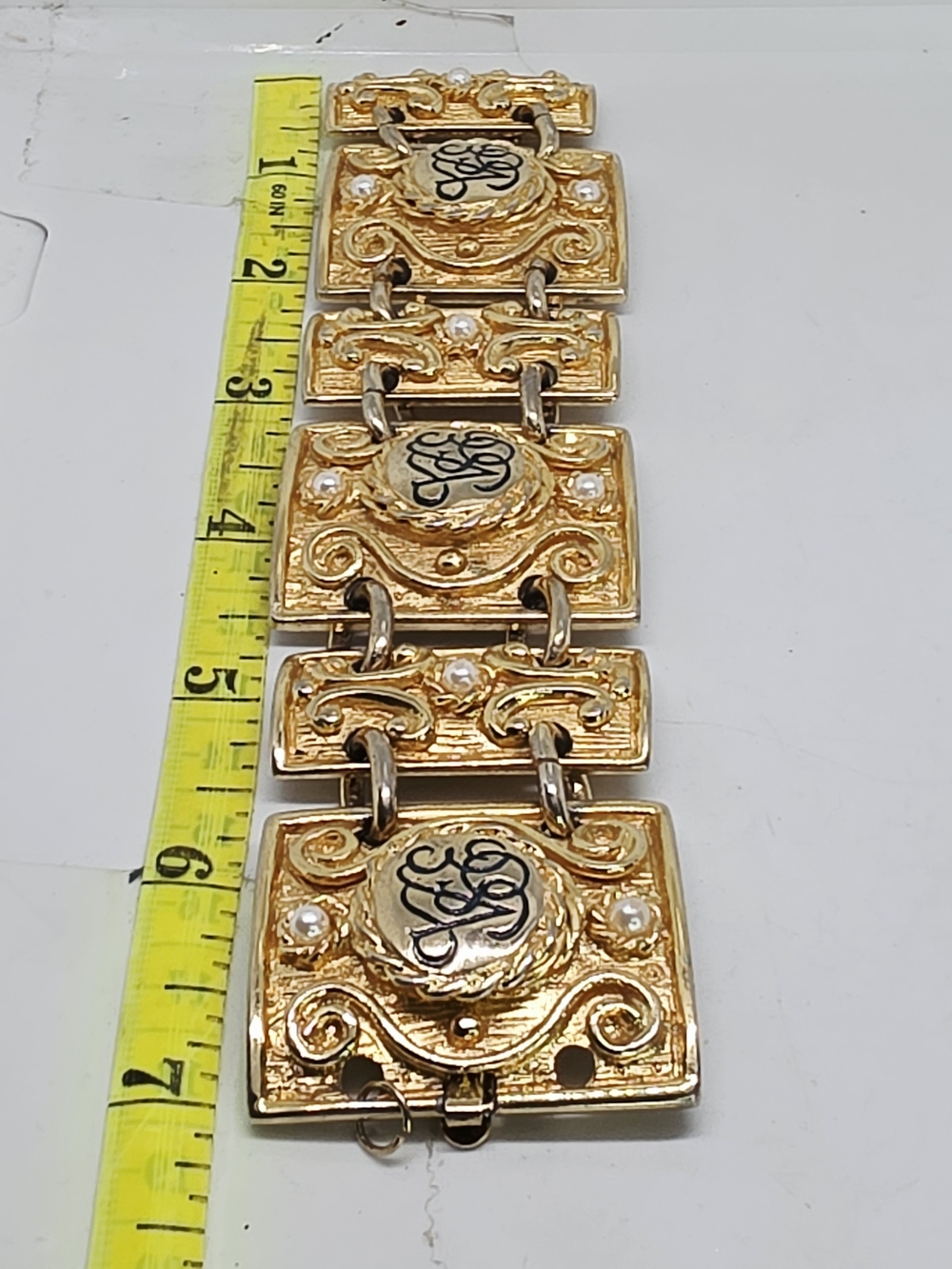 Venice Simplon Orient Express VSOE Gold Tone Wide Chunky Panel Bracelet Rare Vtg